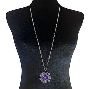 Long Length Necklace Silver Tone Purple Pendant